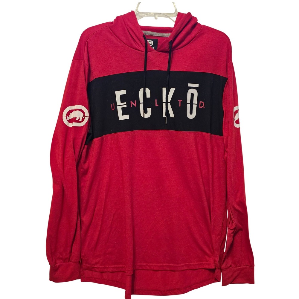 Ecko Unltd Mens Red Black Colorblock Long Sleeve Hooded Graphic Shirt Large‎